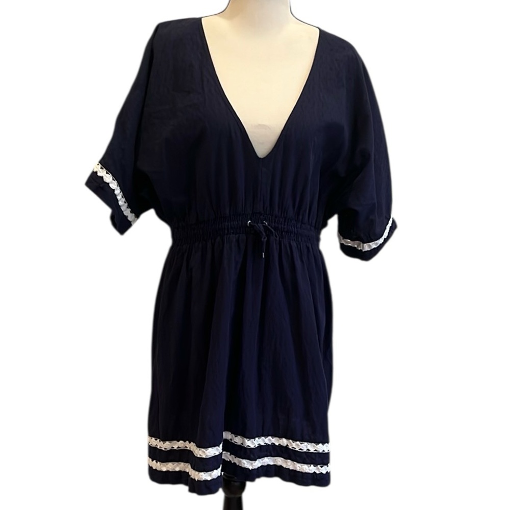Athleta Navy Blue White Trim Swim Cover-Up Cotton Size Medium V-neck